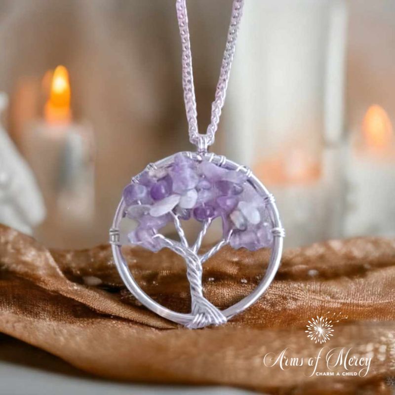 Wired Tree Amethyst Pendant on Stainless Steel Chain