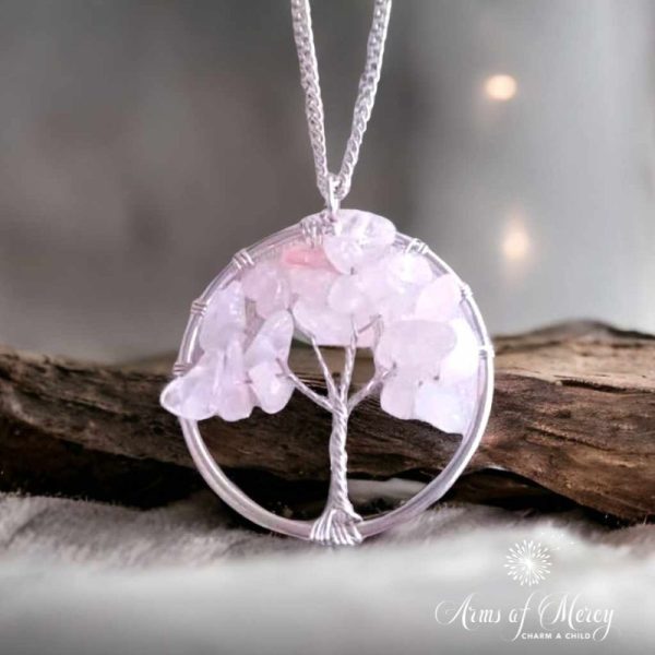 Wired Tree Rose Quartz Pendant on Stainless Steel Chain