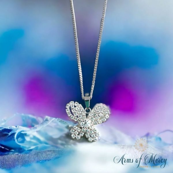 Alloy Butterfly Charm with Diamante on Stainless Steel Chain