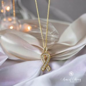 Cancer Awareness Ribbon CZ Pendant on Chain – Sterling Silver 18K Gold Plated