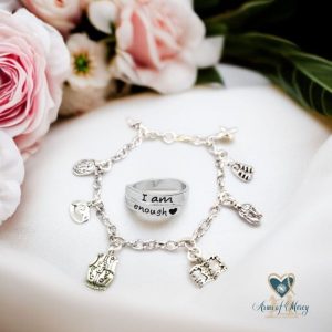 Stainless Steel Combo: Armour of God Charms Chain Bracelet and Adjustable Ring (I Am Enough)