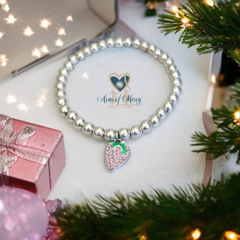 Electroplated Beads with Diamante Strawberry Charm Bracelet (pink)